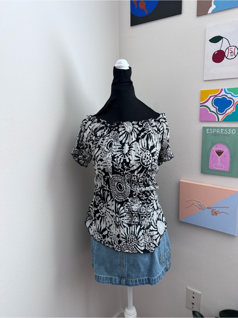 Y2K Black White Floral Off Shoulder Top – Boho Peasant Blouse –  Size M